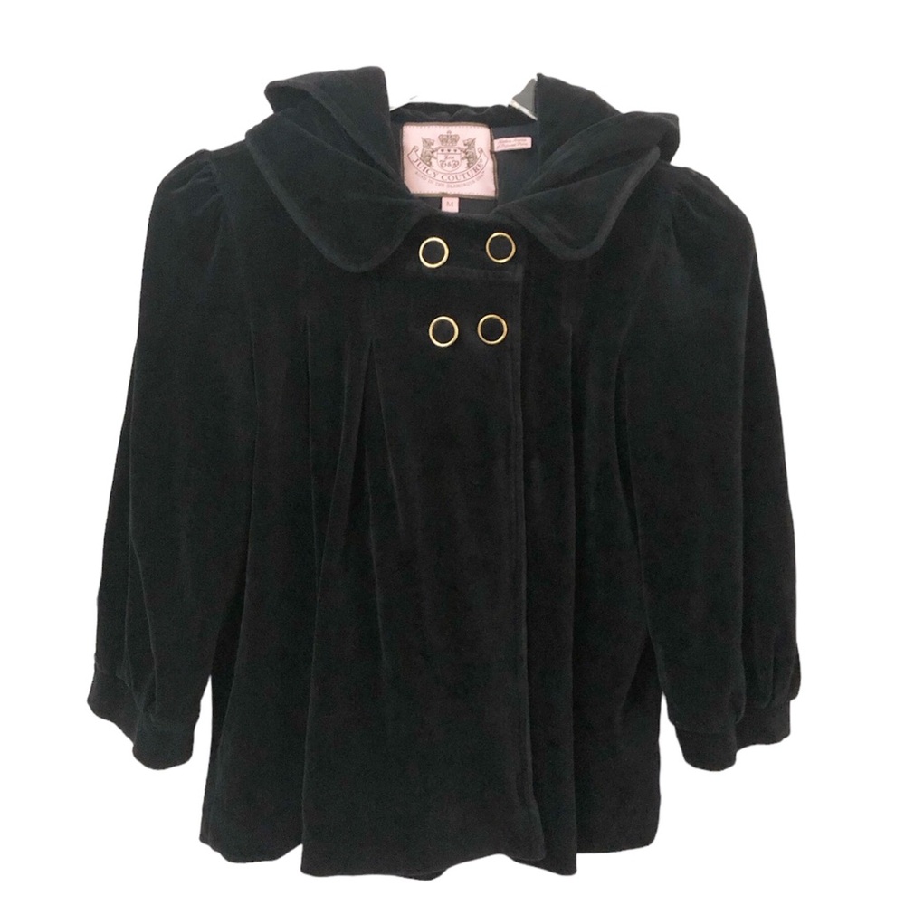 Juicy Couture | Vintage Black Velour Hooded Swing Jacket Medium Y2K